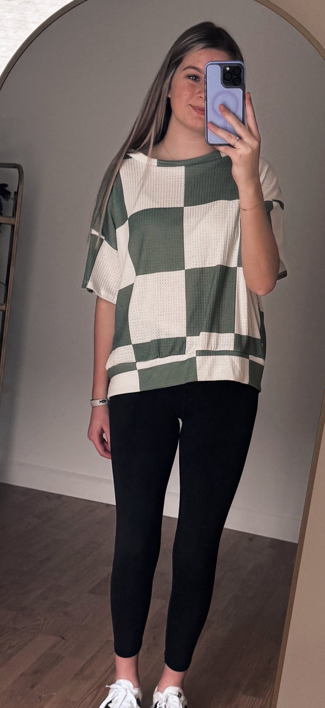 Olive and ivory checkered top