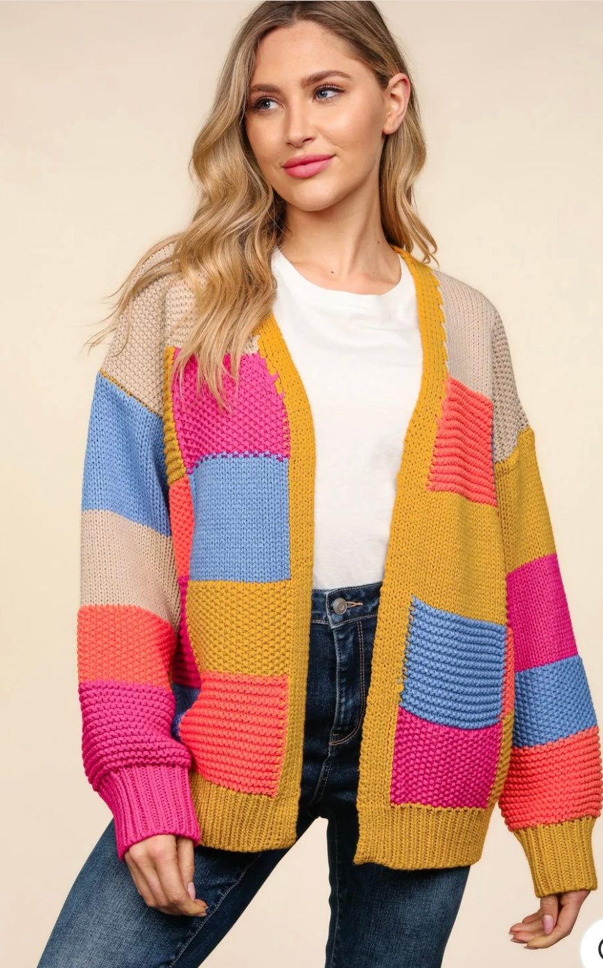 Chunky multicolor color block cardigan